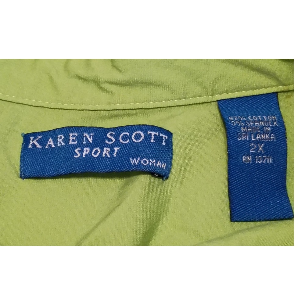 Karen Scott Sport Woman Lime Green Button Down Shirt 2X 3/4 Sleeve Cotton Blend - Picture 4 of 9